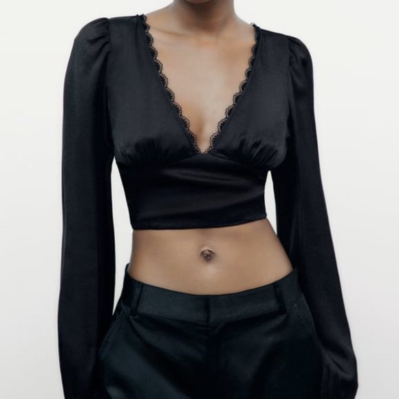 Zara SATIN LACE TOP BLACK | 9315/802/258/009 - Picture 2 of 4